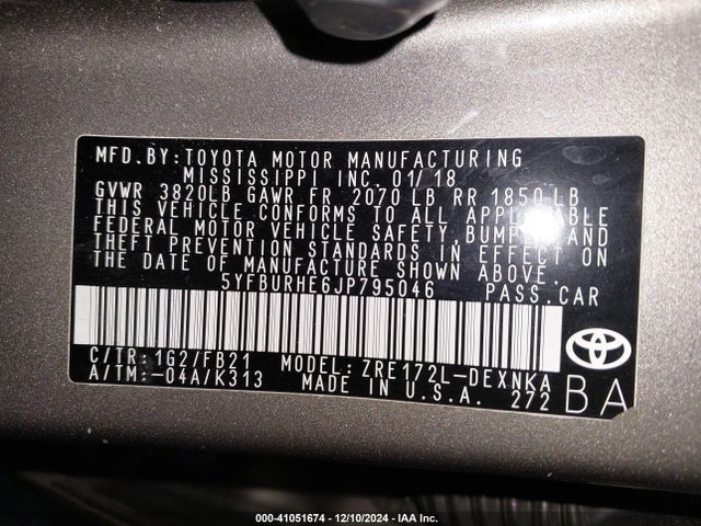 Toyota COROLLA LE 2018 5YFBURHE6JP795046 Image 9