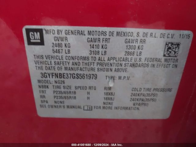 3GYFNBE37GS561979 Cadillac Srx Luxury Collection