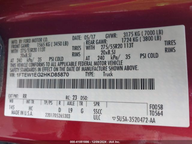 1FTEW1EG2HKD85870 Ford F-150 Lariat