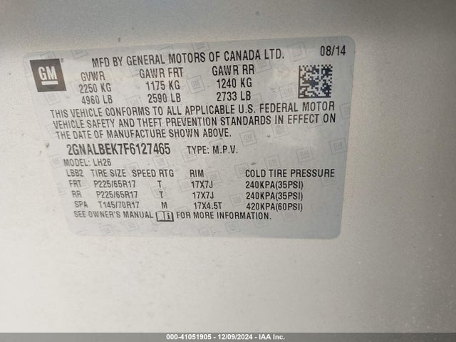 Chevrolet EQUINOX 1LT 2015 2GNALBEK7F6127465 Image 9