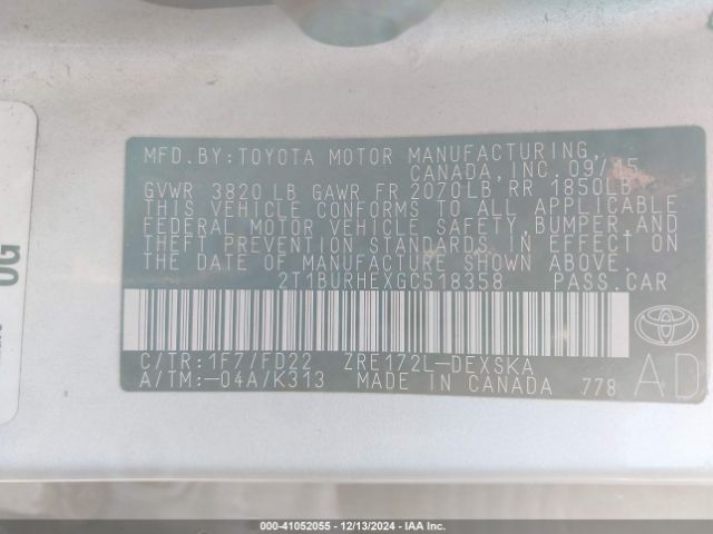 2T1BURHEXGC518358 Toyota Corolla S