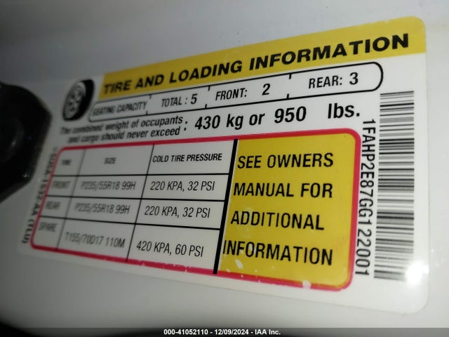 1FAHP2E87GG122001 Ford TAURUS SEL