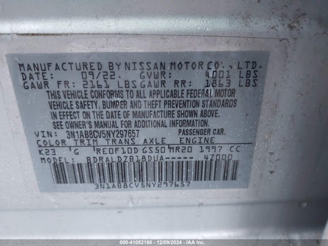 3N1AB8CV5NY297657 Nissan Sentra Sv Xtronic Cvt