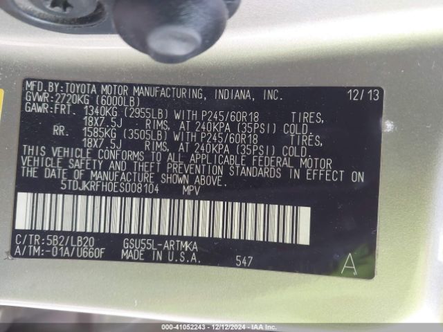 5TDJKRFH0ES008104 Toyota Highlander Xle V6