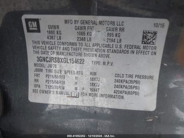 3GNCJRSBXGL154622 Chevrolet TRAX LTZ