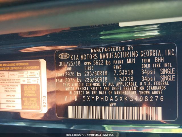 5XYPHDA5XKG498276 KIA Sorento 3.3l Ex