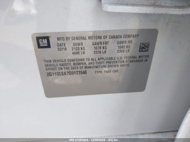Chevrolet IMPALA 1LT 2016 2G1105SA7G9177046 Image 9