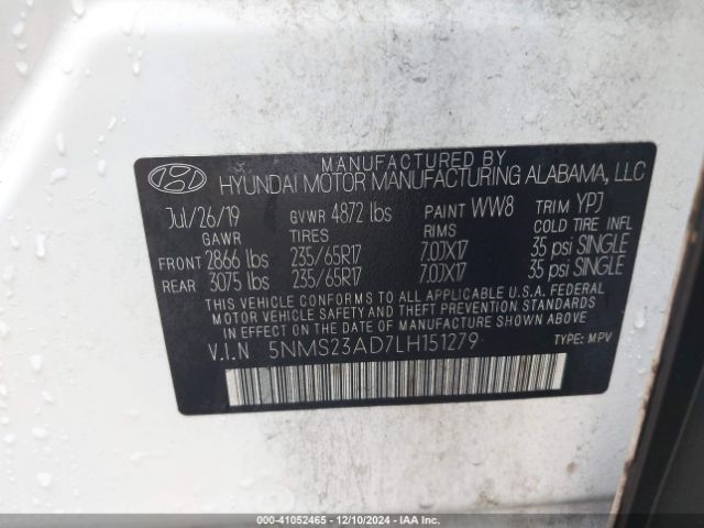 5NMS23AD7LH151279 Hyundai Santa Fe Se