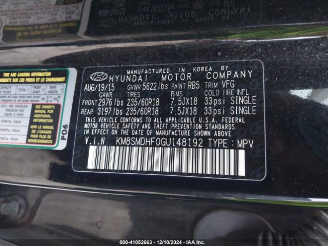 KM8SMDHF0GU148192 Hyundai Santa Fe Se