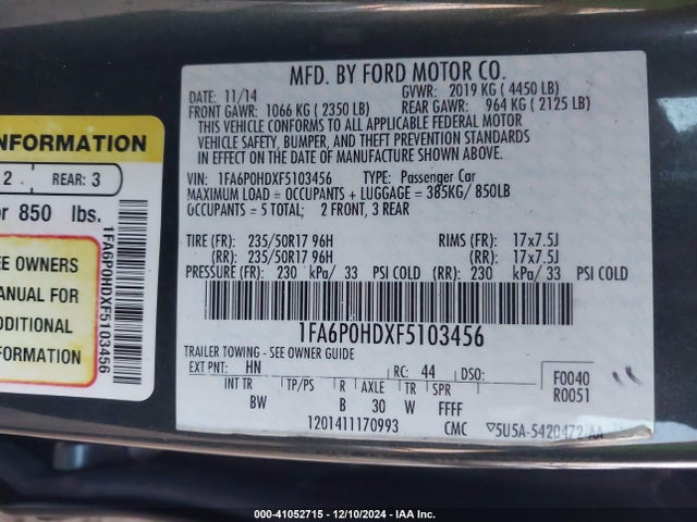 Ford FUSION SE 2015 1FA6P0HDXF5103456 Image 9