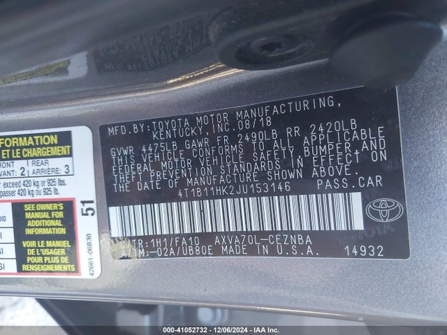 Toyota CAMRY LE 2018 4T1B11HK2JU153146 Image 9