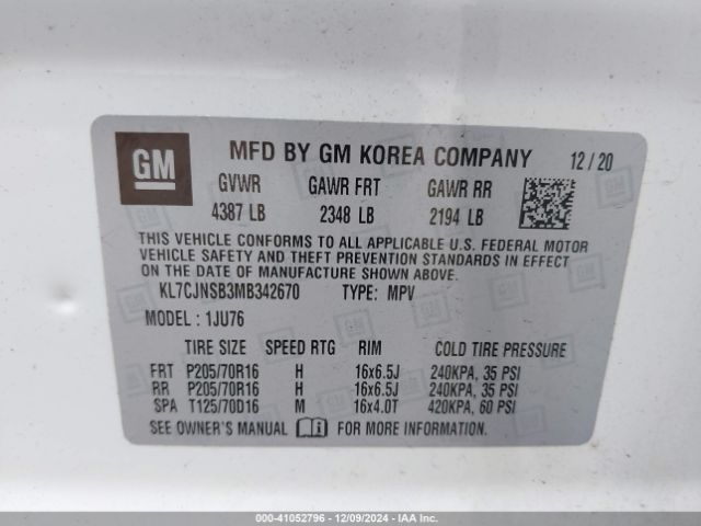 KL7CJNSB3MB342670 Chevrolet Trax Awd Ls