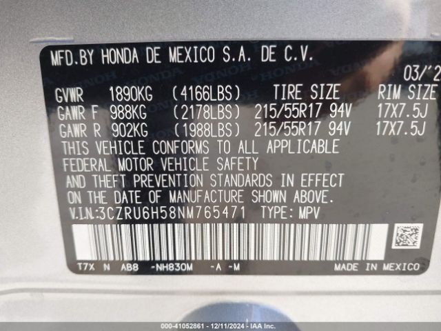 3CZRU6H58NM765471 Honda Hr-v Awd Ex