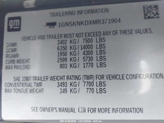1GNSKNKDXMR371904 Chevrolet Tahoe 4wd Lt