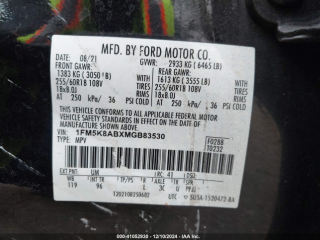 1FM5K8ABXMGB83530 Ford Police Interceptor Utility