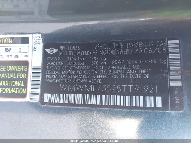 2008 MINI COOPER S WMWMF73528TT91921 Photo 8