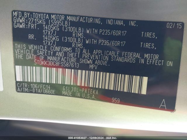 5TDKK3DC8FS587613 Toyota Sienna Le 8 Passenger