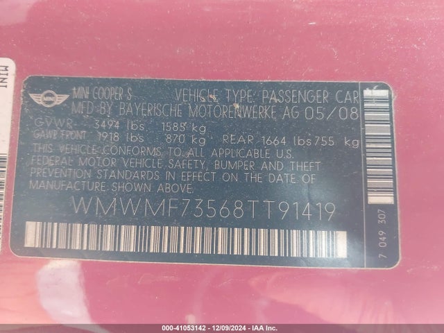 2008 MINI COOPER S WMWMF73568TT91419 Photo 8
