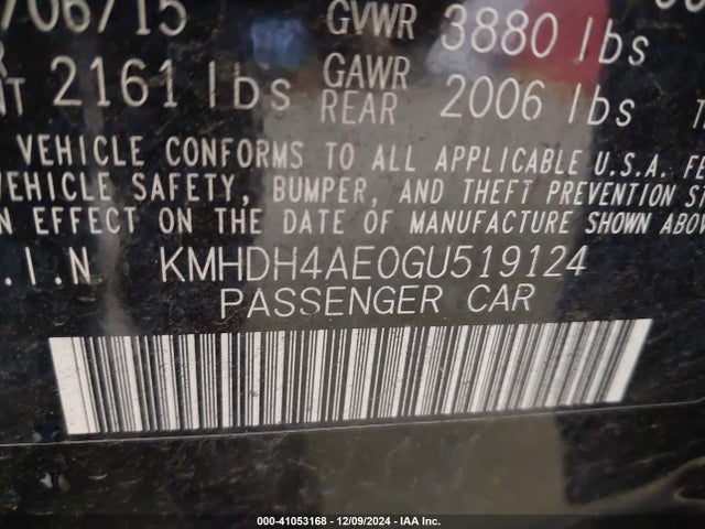 KMHDH4AE0GU519124 Hyundai ELANTRA SE