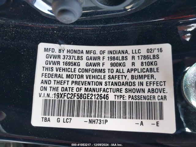 Honda Civic Lx 2016 19XFC2F58GE212646 Image 9