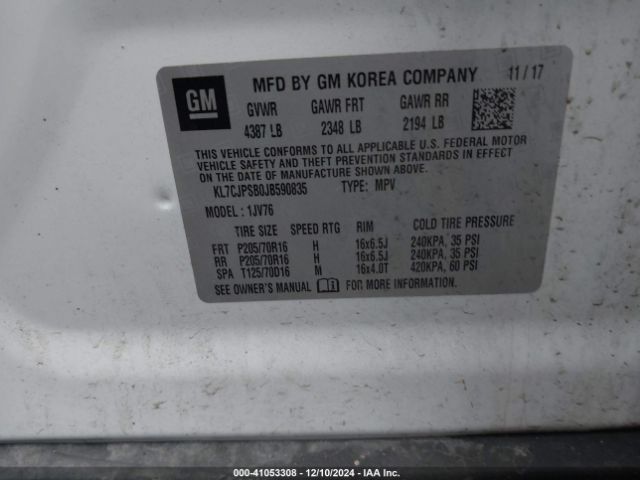 KL7CJPSB0JB590835 Chevrolet Trax Lt