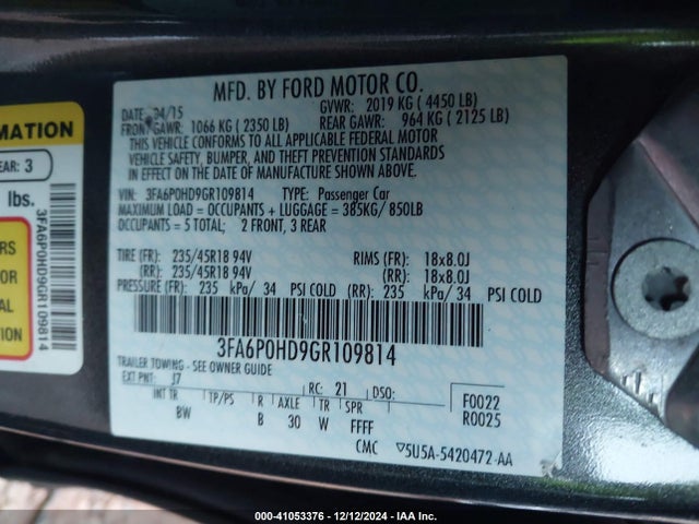 Ford FUSION SE 2016 3FA6P0HD9GR109814 Image 9