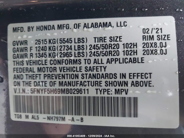 5FNYF5H69MB029611 Honda Pilot 2wd Touring 7 Passenger