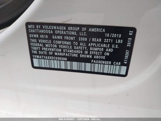 Volkswagen Passat 2014 1VWAT7A3XEC035399 Image 9