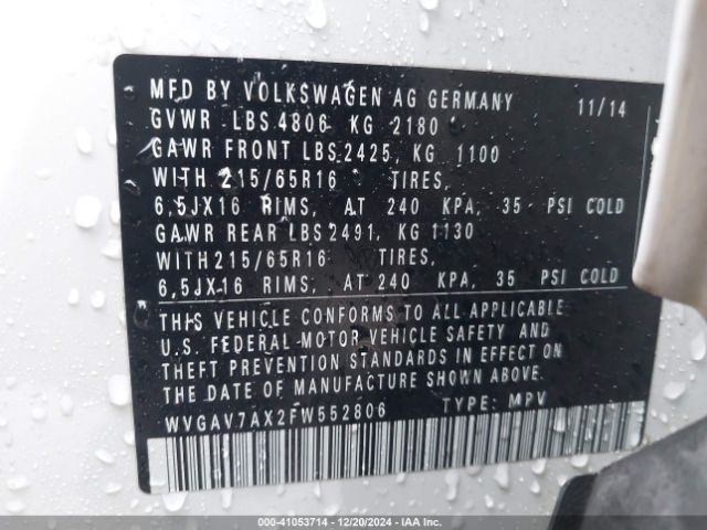 WVGAV7AX2FW552806 Volkswagen TIGUAN S