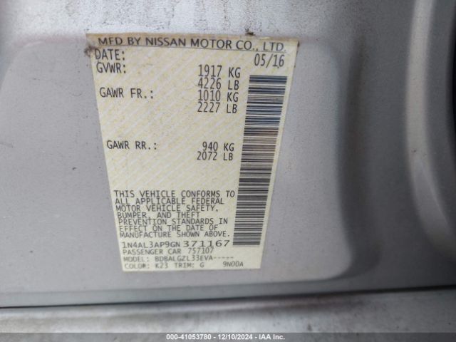 1N4AL3AP9GN371167 Nissan Altima 2.5/2.5 S/2.5 Sl/2.5 Sr/2.5 Sv