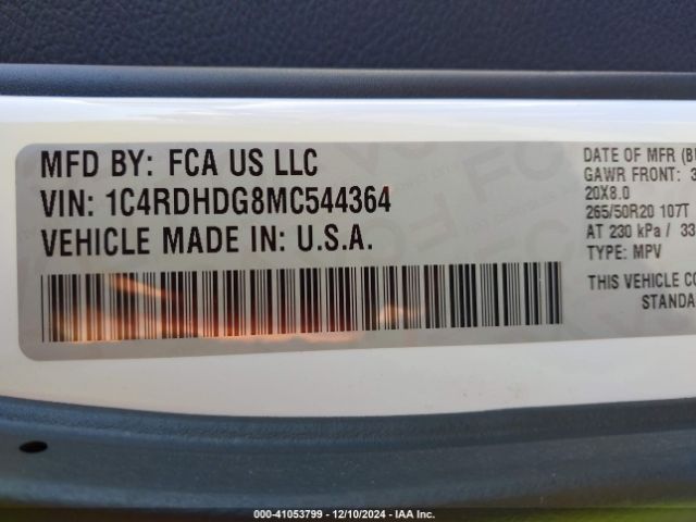 1C4RDHDG8MC544364 Dodge Durango Gt Rwd