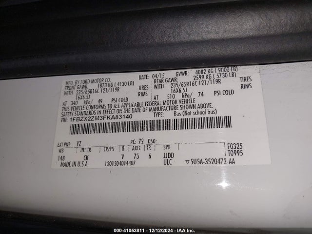 1FBZX2ZM3FKA83140 Ford Transit-350 Xlt