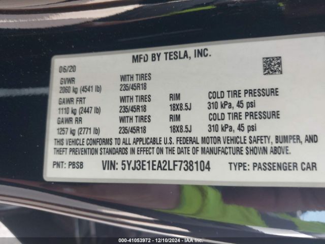 5YJ3E1EA2LF738104 Tesla Model 3 Standard Range Plus Rear-wheel Drive/standard Range Rear-wheel Drive