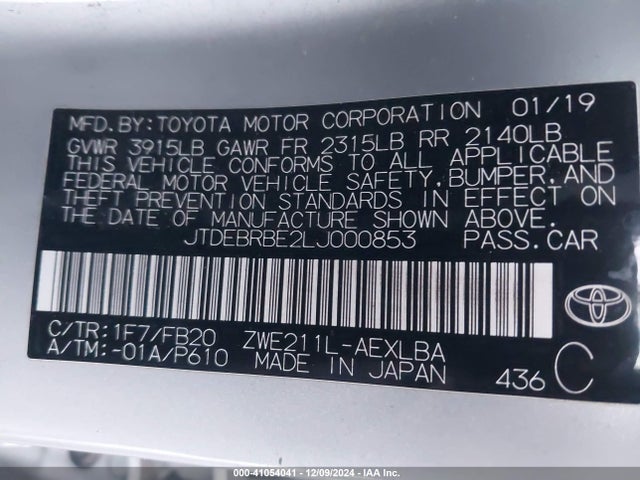 JTDEBRBE2LJ000853 Toyota Corolla Hybrid Le