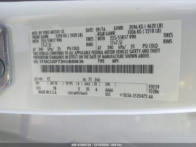 1FMCU0F73HUB89636 Ford ESCAPE S