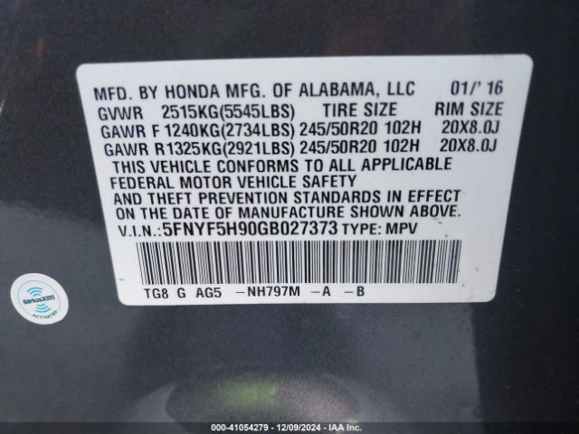 5FNYF5H90GB027373 Honda Pilot Touring
