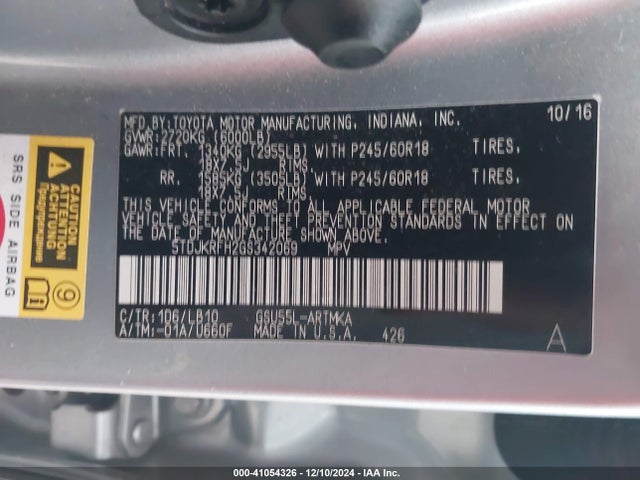 Toyota Highlander Xle V6 2016 5TDJKRFH2GS342069 Image 9