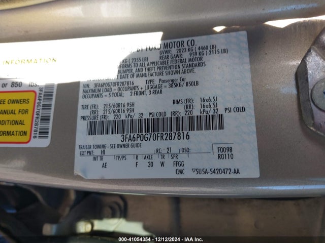 Ford FUSION S 2015 3FA6P0G70FR287816 Image 9