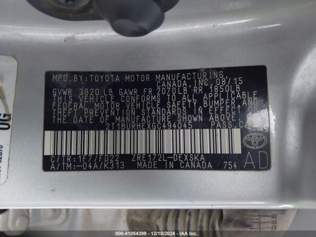 2T1BURHEXGC494045 Toyota Corolla S
