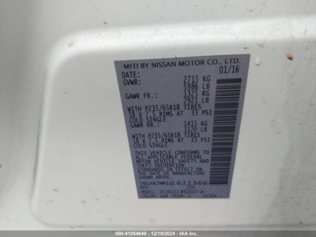 5N1AR2MM1GC621366 Nissan Pathfinder Platinum/s/sl/sv