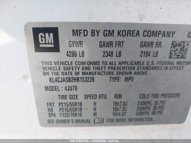 2017 Buick Encore Preferred მანქანა იყიდება აუქციონზე, vin: KL4CJASB2HB153228, აუქციონის ნომერი: 41054704