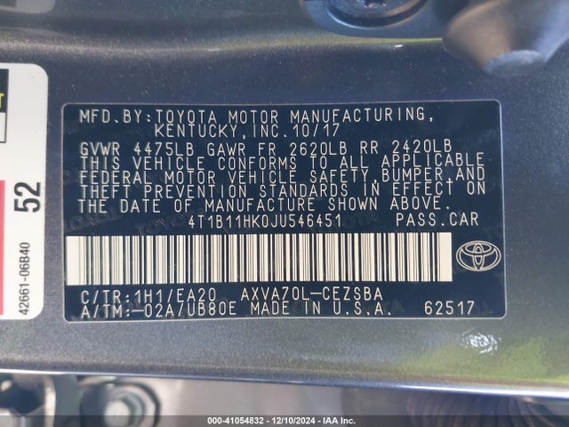 4T1B11HK0JU546451 Toyota CAMRY SE