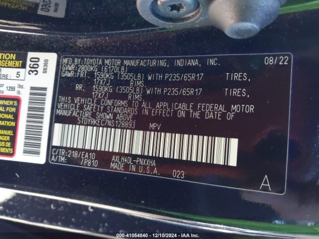 5TDYRKEC7NS128893 Toyota SIENNA XLE