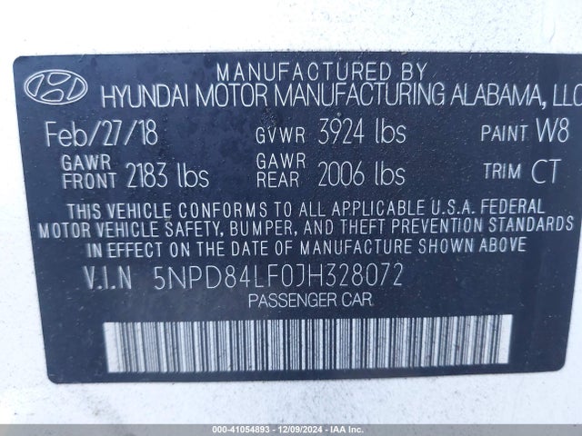 Hyundai ELANTRA SEL 2018 5NPD84LF0JH328072 Image 9