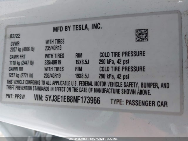 2022 TESLA MODEL 3 5YJ3E1EB8NF173966 Photo 8