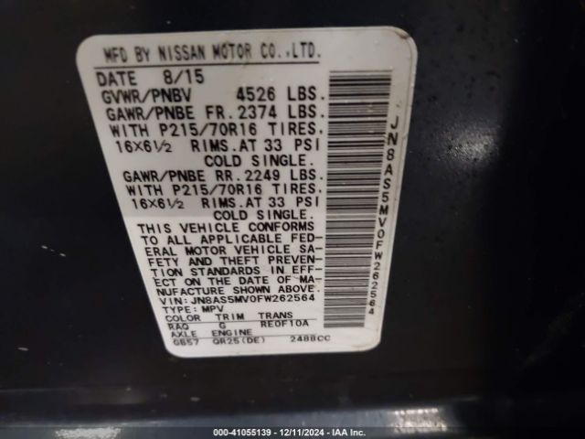 JN8AS5MV0FW262564 Nissan Rogue Select S
