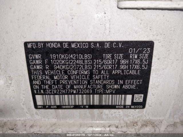 3CZRZ2H77PM732069 Honda Hr-v Awd Ex-l
