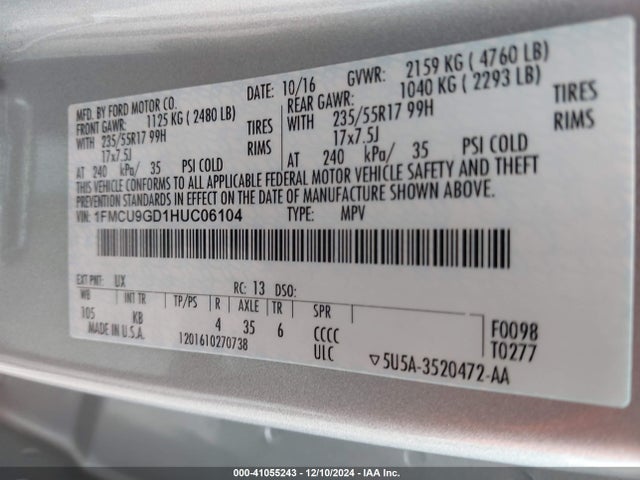 Ford ESCAPE SE 2017 1FMCU9GD1HUC06104 Image 9