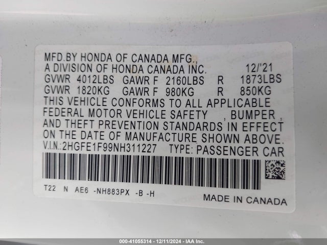 Honda Civic Touring 2022 2HGFE1F99NH311227 Image 9