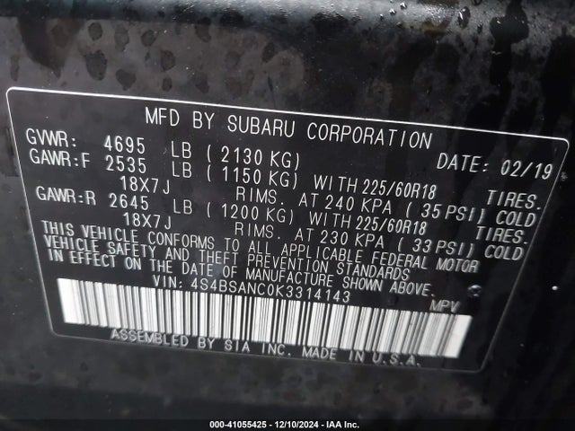 Subaru Outback 2.5i Limited 2019 4S4BSANC0K3314143 Image 9